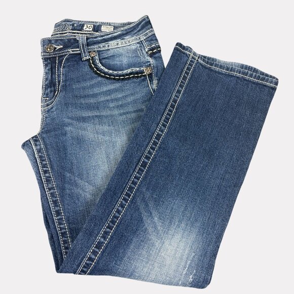 Miss Me Easy Boot Bling Flap Pocket Jeans Womens 30 Medium Wash Blue JE566ZER - Picture 11 of 11